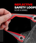 Hand holding reflective loop of Transparent PVC Bicycle Cover 0.15mm Thick With Reflective Loops, Chain Hole Rings, Wheel Fit Rope, Adjustable Buckle Strap, Storage Bag, Large Size All Weather Shield For Indoor And Outdoor Bikes.