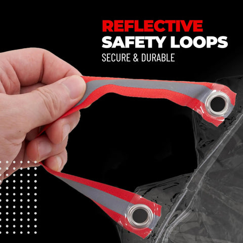 Hand holding reflective loop of Transparent PVC Bicycle Cover 0.15mm Thick With Reflective Loops, Chain Hole Rings, Wheel Fit Rope, Adjustable Buckle Strap, Storage Bag, Large Size All Weather Shield For Indoor And Outdoor Bikes.
