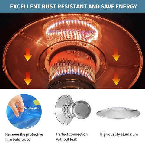 Patio Heater Reflector Shield 33 Inch Diameter Top Dome Replacement Part For Propane Outdoor Heaters Universal 3 Hole Mount Fits Tall Umbrella And Mushroom Styles Pro Grade Easy Tool Free Assembly with visual heat reflection