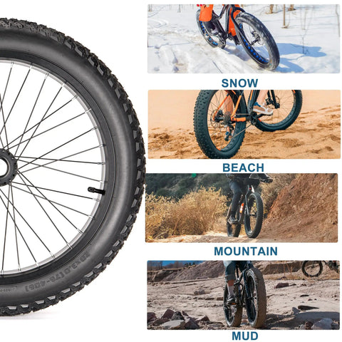 Puncture Resistant Fat Bike Tire Set With 20x3.0, 20x4.0, 26x4.0 Sizes, Folding 60 TPI For E Bikes, versatile on snow, sand, mountain, mud.