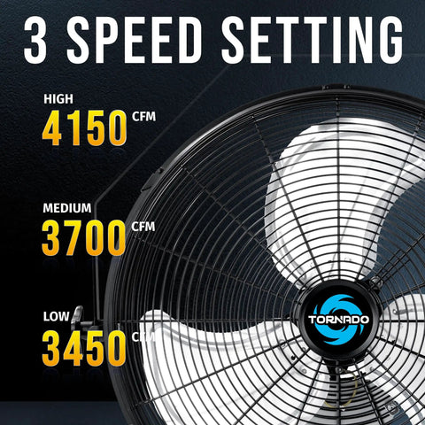 Close-up of 2 Pack 18 Inch High Velocity Industrial Wall Fans With TEAO Enclosure Motor, featuring 3 speed settings and CFM levels.