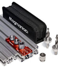 Heavy Duty All Metal Aluminum Profile Drill Guide Jig For Access Holes And Counterbore Drilling, Precision Machined With Smooth Chamfered Edges, Stainless Steel Construction, Tough As Nails, Includes Six Point Two By Ten Millimeter Drill Bits. Aluminum extrusion drill guide jig with bits and case