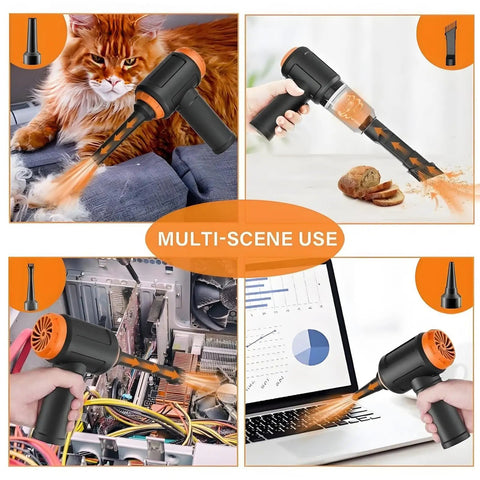Air Duster And Mini Vacuum Cleaner For Keyboard Cleaning Cordless Canned Air Blower Portable PC Dust Eraser 110000 RPM Powerhouse 3 In 1 Multifunction Gadget For Laptops Desktops And Travel shown in various cleaning scenarios including pet hair, crumbs, and electronics dust removal.