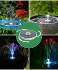 Six Point Five Watt Solar Fountain Pump With Color Changing LED Lights 3000mAh Battery in day and night garden scenes