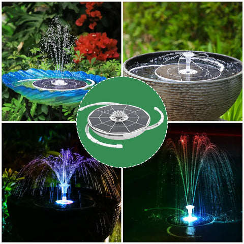 Six Point Five Watt Solar Fountain Pump With Color Changing LED Lights 3000mAh Battery in day and night garden scenes