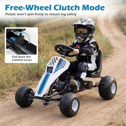 Child riding Kids Pedal Go Kart With Adjustable Seat Handbrake Free Wheel And Pedal Modes Four Wheel Ride On Toy Car