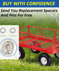 Red garden wagon with inset of replacement spacers and pins, compatible with 10 Inch Flat Free Tire And Wheel Set 4.10/3.50-4.