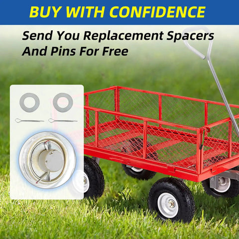 Red garden wagon with inset of replacement spacers and pins, compatible with 10 Inch Flat Free Tire And Wheel Set 4.10/3.50-4.