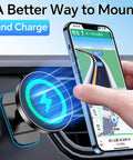 2 In 1 MagSafe Car Charger And Phone Holder With Ultra Sticky Dashboard Mount For iPhone in use, showing charging feature