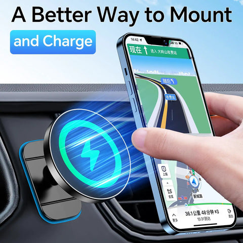 2 In 1 MagSafe Car Charger And Phone Holder With Ultra Sticky Dashboard Mount For iPhone in use, showing charging feature