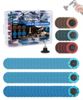 77 Pack 2 Inch Zirconia Sanding Discs with 1 Quarter Inch Roll Lock Quick Change System in storage case and different grits.