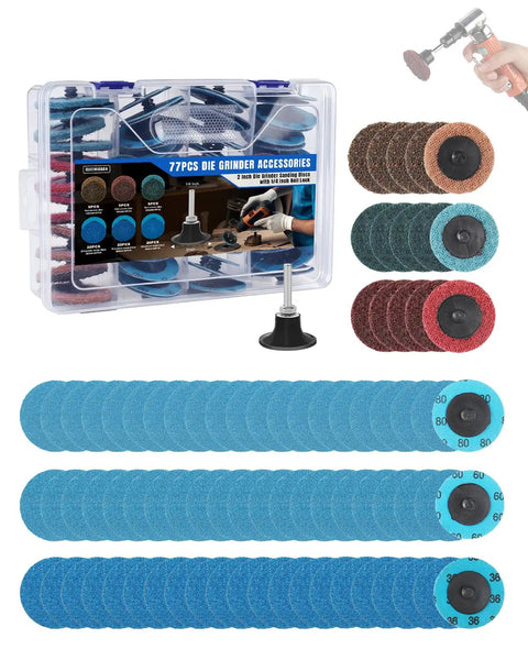77 Pack 2 Inch Zirconia Sanding Discs with 1 Quarter Inch Roll Lock Quick Change System in storage case and different grits.