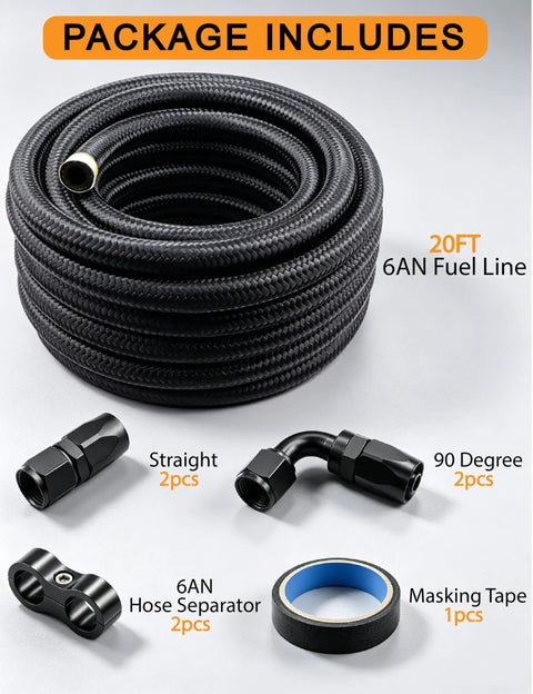 Premium 20FT Fuel Line Kit With Braided Nylon Hose And Fittings For Transmission Coolant System Perfect For Hot Rods And Rides Under The Hood Ready To Rock. 20ft hose and fittings