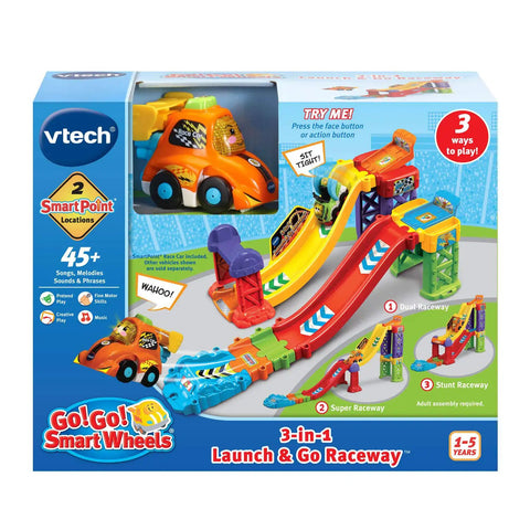 Go Smart Wheels 3 In 1 Launch Raceway Build Dual Race End To End Super Race And Side By Side Stunt Track Modes with car on box