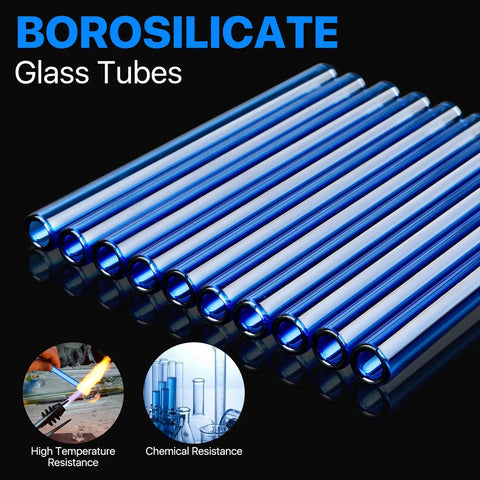 Blue Borosilicate Glass Tubes Set Of 20 For Art DIY Projects, shown with thermal and chemical resistance benefits