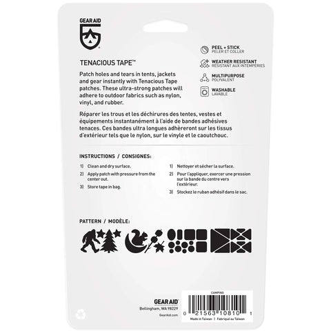 Back view of Tenacious Tape Repair Patches Peel And Stick Nylon Gear Patches packaging with instructions for jackets, tents, and gear.