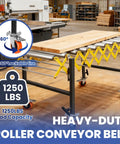 Heavy Duty 25 Inch Wide Adjustable Roller Conveyor With Skate Wheels Handles 1250 Lbs Load Easily for moving wood in warehouses.