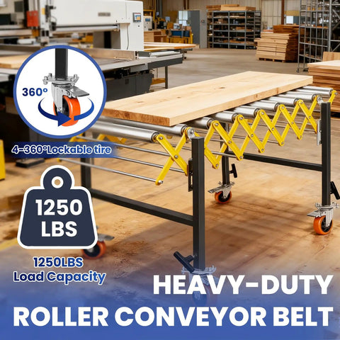 Heavy Duty 25 Inch Wide Adjustable Roller Conveyor With Skate Wheels Handles 1250 Lbs Load Easily for moving wood in warehouses.