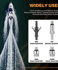 Boat on water with lower unit gear oil pump adapters including 3rd hand adapter, 3/8" swivel, 8mm and 10mm male adapters visible.