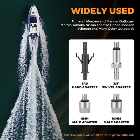 Boat on water with lower unit gear oil pump adapters including 3rd hand adapter, 3/8" swivel, 8mm and 10mm male adapters visible.