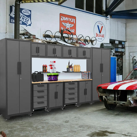 12 Piece Garage Storage Cabinet Set With Lockers Shelves Wood Workbench And Wall Cabinets For A Spotless Workshop Organization