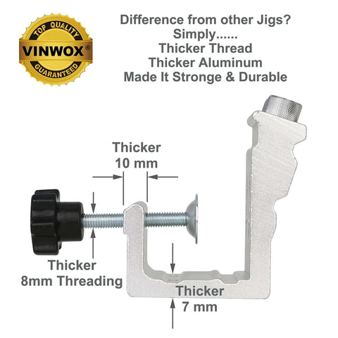 Side view of pocket hole jig kit component highlighting thicker 10mm aluminum and 8mm threading, part of a pro-grade set.