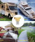 High Flow 40 Micron Brass Sediment Filter For Home, RV, Washer, Shower And Garden Systems displayed in various applications