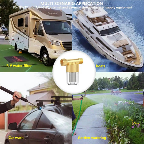 High Flow 40 Micron Brass Sediment Filter For Home, RV, Washer, Shower And Garden Systems displayed in various applications