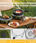 Dual Burner Portable Camping Stove With 20000 BTU Total Power folding design on a table with food and utensils