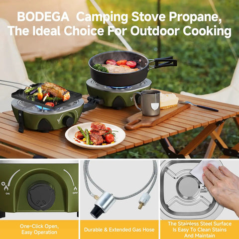 Dual Burner Portable Camping Stove With 20000 BTU Total Power folding design on a table with food and utensils