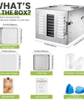 Commercial Grade 10 Tray Food Dehydrator With Stainless Steel Trays 1000 Watts Thermostat For Making Juicy Jerky Dried Herbs Sweet Fruits Crispy Vegetables includes 10 trays and accessories.
