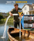 Man using 20V Battery Powered Water Transfer Pump Cordless Go Anywhere Stick Pump With 37 Inch Hose And Detachable Rod 800 GPH Portable Water Pump For Pool Pond Garden Fountain Boat And Livestock Tanks next to wooden boat on water