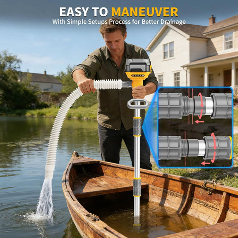 Man using 20V Battery Powered Water Transfer Pump Cordless Go Anywhere Stick Pump With 37 Inch Hose And Detachable Rod 800 GPH Portable Water Pump For Pool Pond Garden Fountain Boat And Livestock Tanks next to wooden boat on water