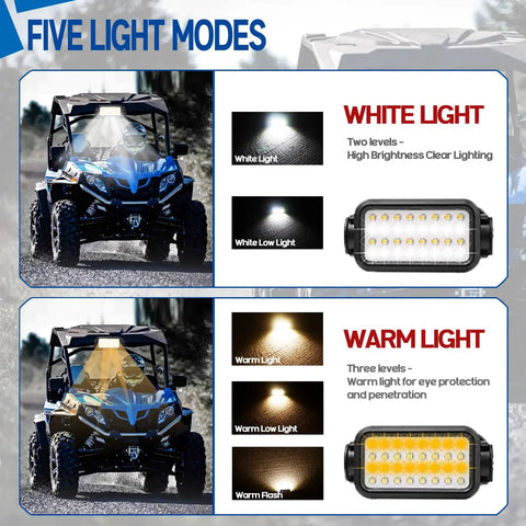 Hella Bright UTV Dome Light Plus Rechargeable Overhead Roll Bar Lamp With Five Lighting Modes And Thirty Two Glow Leds Featuring Auto Memory Function for clear and warm lighting modes.