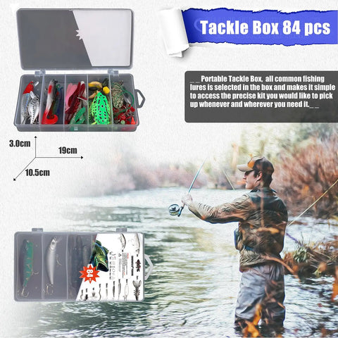84Piece Fishing Lure Set With Tackle Box All In One for saltwater and freshwater angling displayed with open tackle box