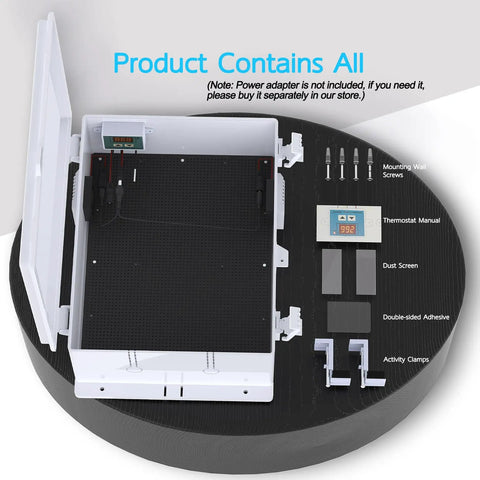 Inside view of Outdoor Waterproof Electrical Box IP65 ABS Plastic Enclosure with Fan and Thermostat, mounting accessories displayed.