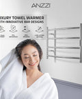 Glow 4 Bar Electric Towel Warmer Rhino Alloy Stainless Steel Polished Chrome Wall Mounted with woman smiling and towel