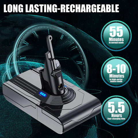 Upgraded 9000 Mah Rechargeable Battery Replacement For Dyson V8 Absolute Animal SV10 Vacuum Cleaners on charging dock showing features.