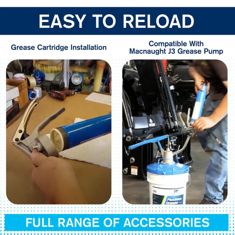 Beefy Heavy Duty Pistol Grip Grease Gun With Ten Year Warranty Bulk Fillable Or Fourteen Ounce Cartridge One Eighth NPT Flex Connection