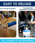 Heavy Duty Pistol Grip Grease Gun With KYPLUS Locking Coupler shown with grease cartridge and Macnaught J3 Pump