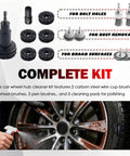 No Sweat All In One Wheel Hub And Brake Rotor Cleaning Kit With Heavy Carbon Steel Wire Brushes and Quick Swap Adapter, complete cleaning set.