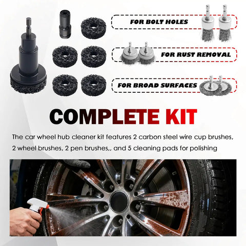 No Sweat All In One Wheel Hub And Brake Rotor Cleaning Kit With Heavy Carbon Steel Wire Brushes and Quick Swap Adapter, complete cleaning set.