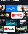 Various streaming service logos including Netflix and Prime Video for the Next Level 4K Streaming Device With AI Powered Search And Wifi 6E Support For Crisp Live TV Without Cable Or Satellite Plus Voice Guided Home Theater Setup For Chill Binge Watching Nights.