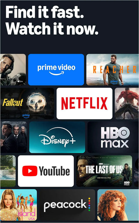 Various streaming service logos including Netflix and Prime Video for the Next Level 4K Streaming Device With AI Powered Search And Wifi 6E Support For Crisp Live TV Without Cable Or Satellite Plus Voice Guided Home Theater Setup For Chill Binge Watching Nights.