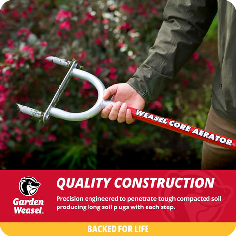 Long Handle Core Lawn Aerator And Dethatcher For Grass held by a person, featuring a metal core aerator tip with red handle.