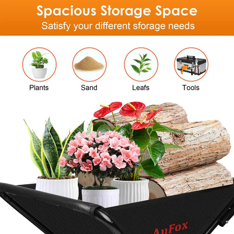 Folding Garden Cart Wheelbarrow With Large Capacity For Yard Work holding plants, sand, leaves, tools, showcasing storage space