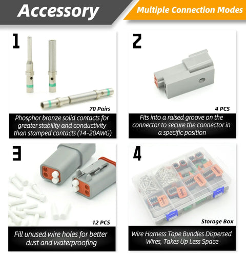 Components of 205 Piece Plug And Play Connector Kit With 2 3 4 6 8 12 Pin IP67 Waterproof Electrical Connectors And 70 Pairs Size 16 Solid Contacts For Car Truck And Boat