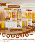 Modular Closet System With Six Drawers And Ten Open Shelves Housing Eight Hanging Rods Creating A Custom Walk In Closet Organizer Setup That Hits Different For Any Master Bedroom Freestanding White Wood Build, featuring shirts, dresses, bins, and handbags.