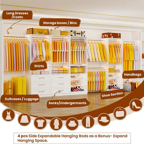 Modular Closet System With Six Drawers And Ten Open Shelves Housing Eight Hanging Rods Creating A Custom Walk In Closet Organizer Setup That Hits Different For Any Master Bedroom Freestanding White Wood Build, featuring shirts, dresses, bins, and handbags.