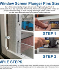 Top Tier Window Screen Plunger Latches With Snappy Aluminum Pins And Heavy Duty Coils For Patio Screens installation guide showing steps and plunger pin sizes.